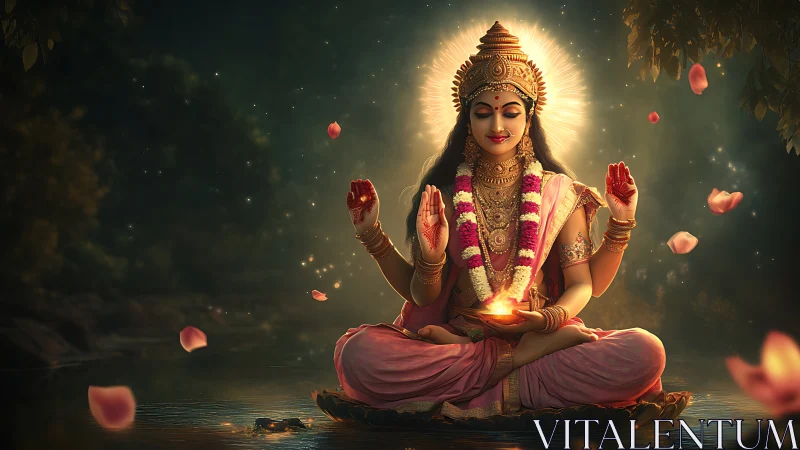 Hindu goddess meditates over river with radiant halo glow