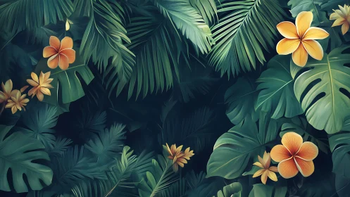 Tropical plumeria flowers among dense green jungle leaves.