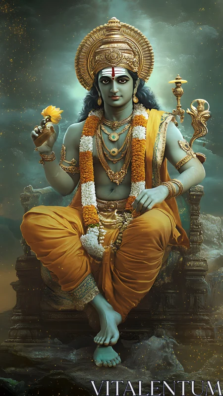 Divine blue-skinned deity sits serenely on ornate golden throne.