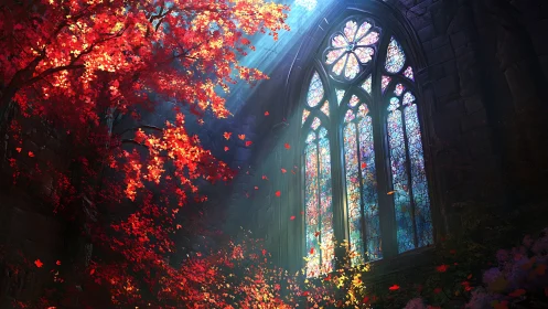 Autumn light pours through stained glass in a ruined chapel.
