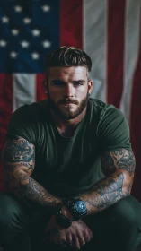 Tattooed military-styled portrait before defocused US flag.