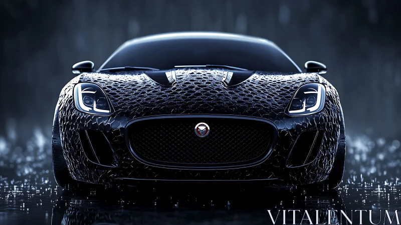 Reptilian-textured sports coupe rendered in cinematic rainlight.