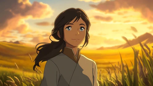 Young person in stylized field under warm sunset sky.