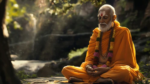 Sunlit meditation beside a forest waterfall in quiet grace.