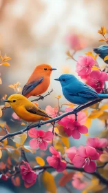 Digital painting of songbirds on flowering branch, soft bokeh field.