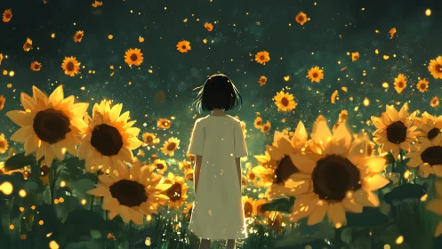 Girl in a glowing sunflower storm of quiet summer magic.