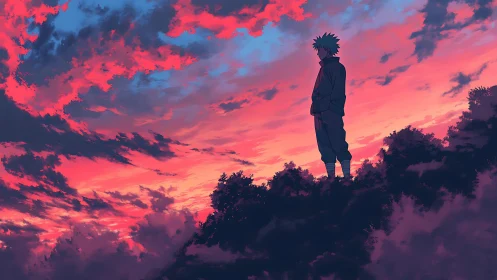 Solitary anime figure contemplates under blazing sunset sky.