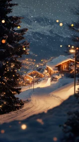 Snow covered mountain village road illuminated by warm lights