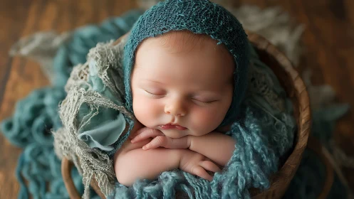 Newborn Portrait: Sleeping Infant in Teal Wrap.