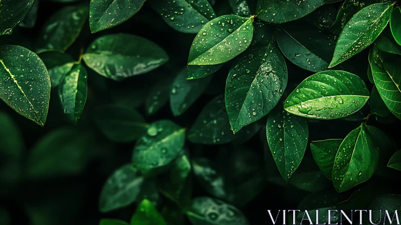Rain-kissed green leaves glow through deep natural shadows.