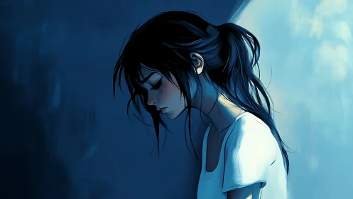 Sad girl leans against blue wall in soft side lighting