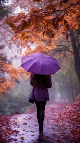 Person with purple umbrella on wet path under autumn trees.