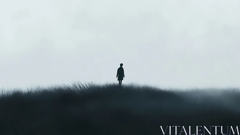 Solitary human figure on mist covered grassy ridge line.