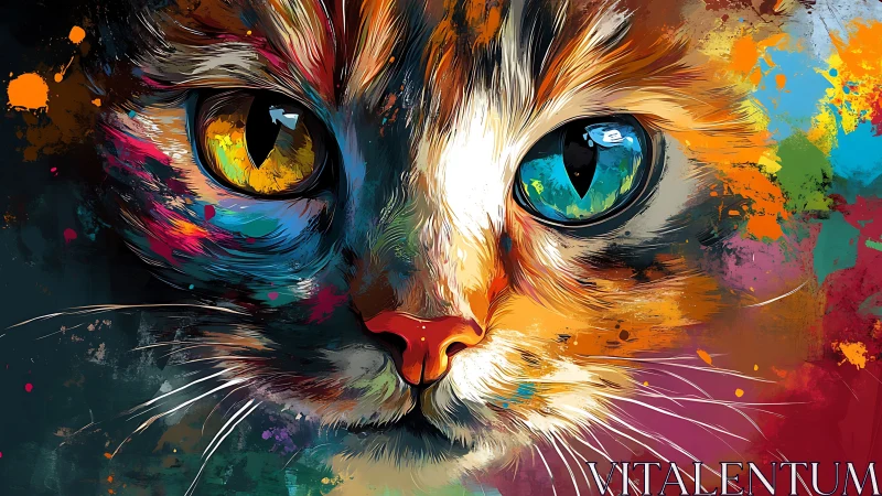 Chromatic Feline Portrait with Vibrant Ink Splatter Overlay. Contemporary Animal Artwork.