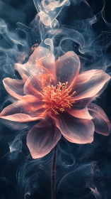 Glowing translucent flower rises through swirling blue smoke