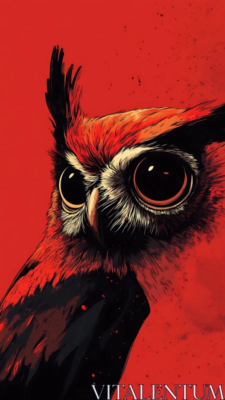 Scarlet owl portrait stares forward in bold graphic style.