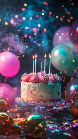 Vibrant Birthday Cake with Glowing Candles Surrounded by Magical Bokeh.