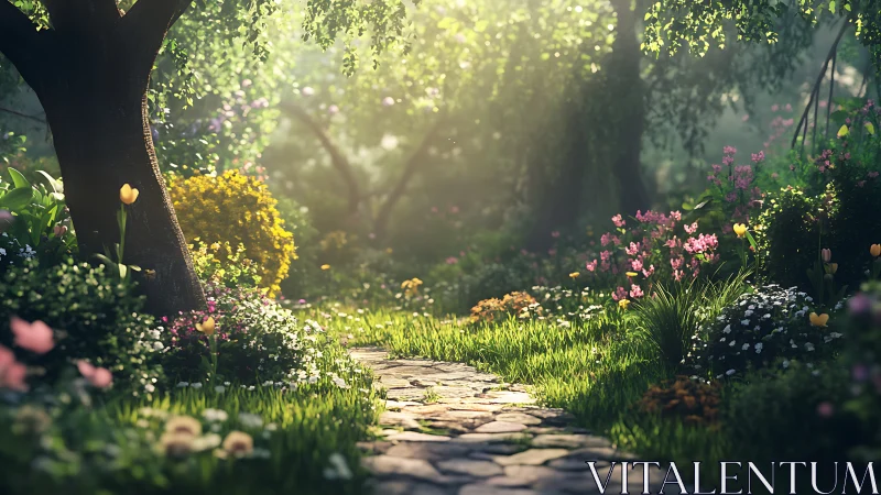 Sunlit garden path cuts through lush flowering woodland.