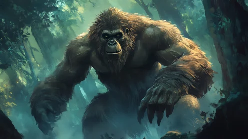 Giant furred ape-like creature advances through dense forest