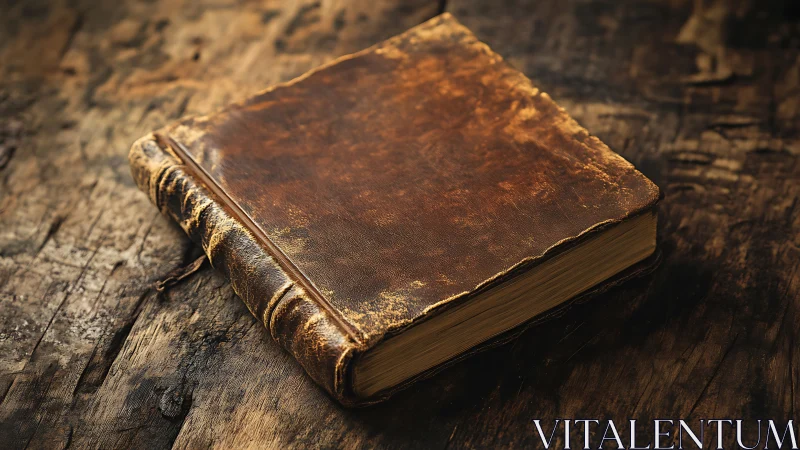 Weathered leather-bound book on rustic wooden surface.