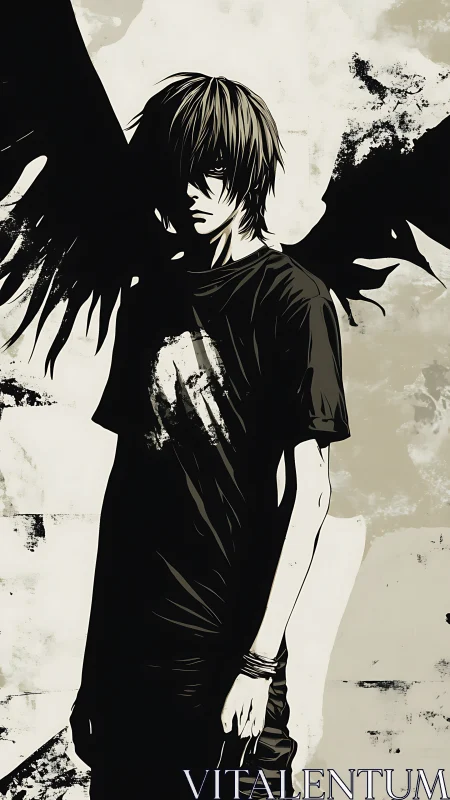 Shadow-winged teen standing between darkness and light.