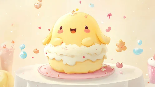 Joyful Yellow Chick in Frosted Cupcake. Happy Character Design.