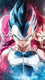 Galactic warrior trio blaze through cosmic neon fury.