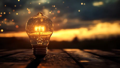 Glowing bulb on weathered wood at cinematic sunset horizon.