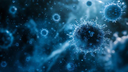 Microscopic viral particles in high-detail blue 3D render.