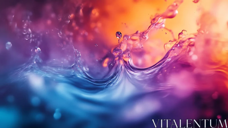 Macro fluid splash forms luminous waves under triadic color lighting