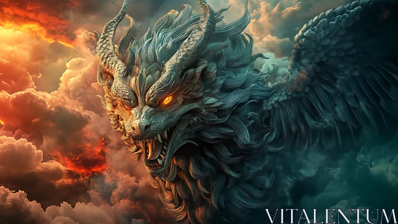 Winged dragon head erupts from storm clouds with burning eyes