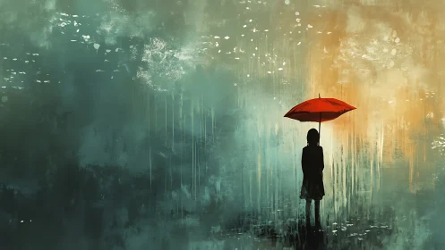 Solitary figure with red umbrella in painterly rainfall.