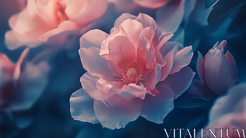 Pink Peonies Bloom Against Teal Blue Atmospheric Background