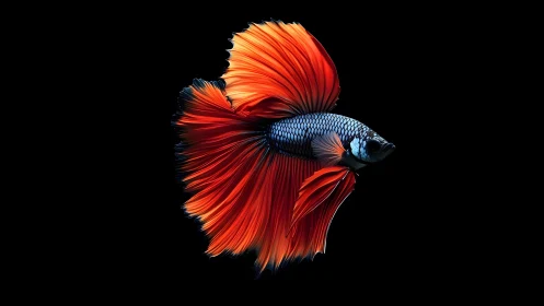 Striking Betta Fish with Vibrant Orange Fins on Black Background.