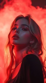 Scarlet-lit portrait of young woman in cinematic haze.