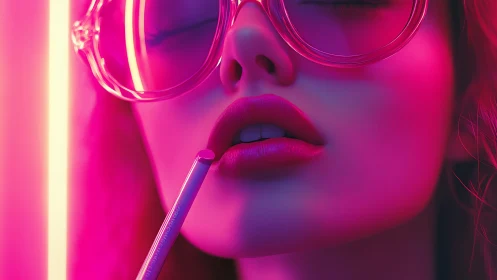 Neon-lit close-up captures dreamy lips and oversized glasses