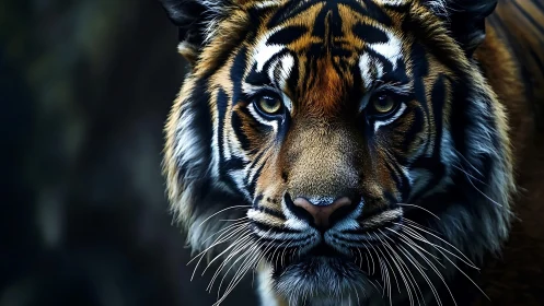 Close frontal portrait of tiger against dark blurred background.