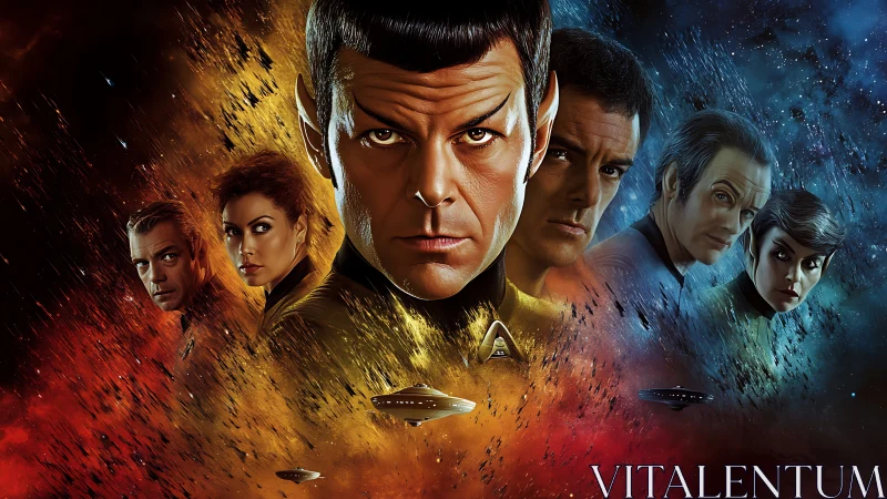 Stoic Vulcan officer framed by dual-color cosmic nebulae.