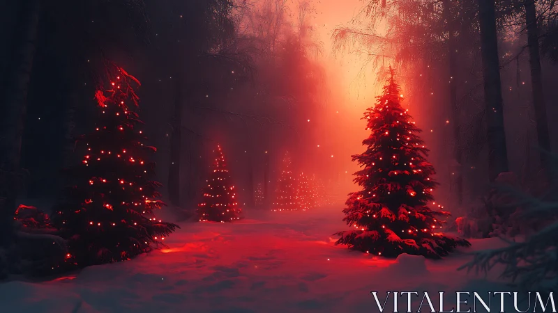 Soft glowing Christmas trees warm a quiet winter forest