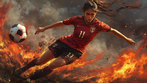 Fiery soccer charge with dynamic female striker in motion.