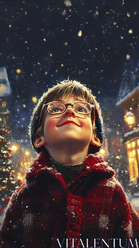 Winter-struck wonder kid bathing in storybook snowglow.