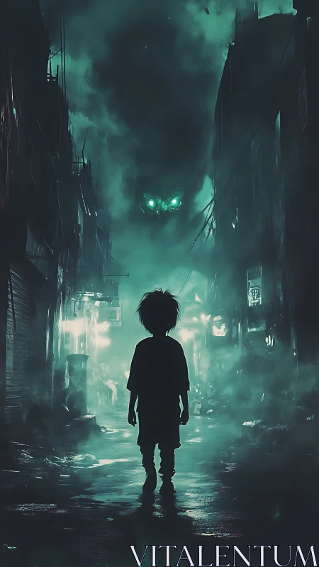 Backlit child silhouette in neon misted alleyway.