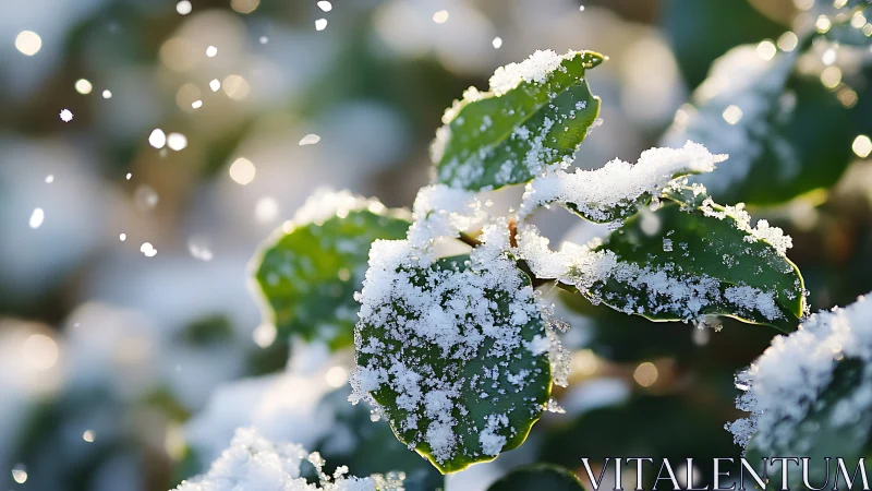 Sunlit holly leaves hold fresh crystalline snow in macro focus