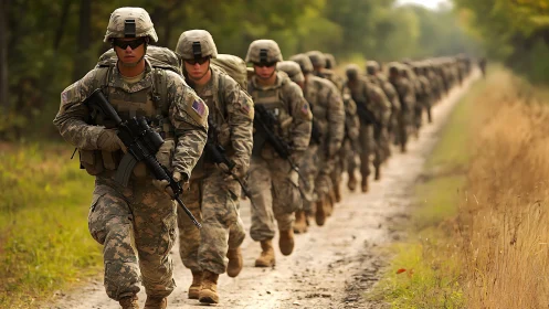 Sunlit march of soldiers along a quiet woodland trail.
