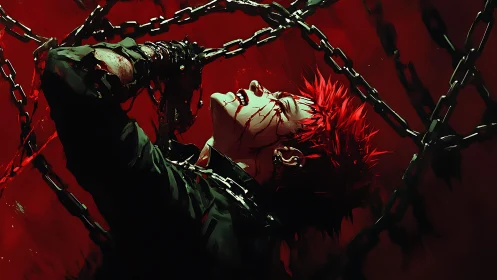 Fiery haired fighter straining against swirling iron chains.