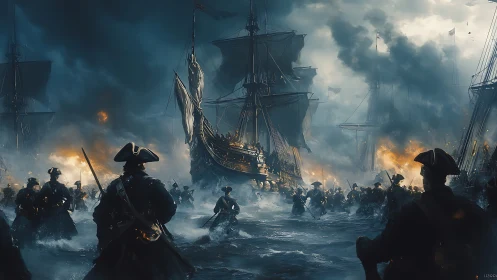 Naval engagement with infantry in stormy coastal waters.