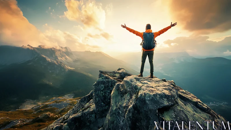 Sunlit summit hiker embracing panoramic mountain dawn.