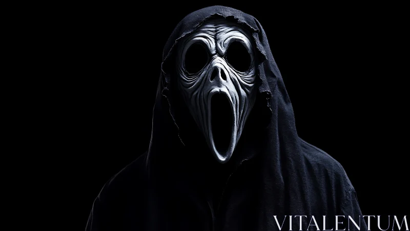 Midnight wraith in a bone-white scream mask, quietly howling.