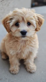 Small light-brown puppy sitting on concrete surface outdoors.