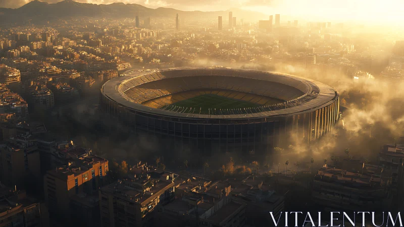 Golden morning calm over a mist-wrapped city stadium.